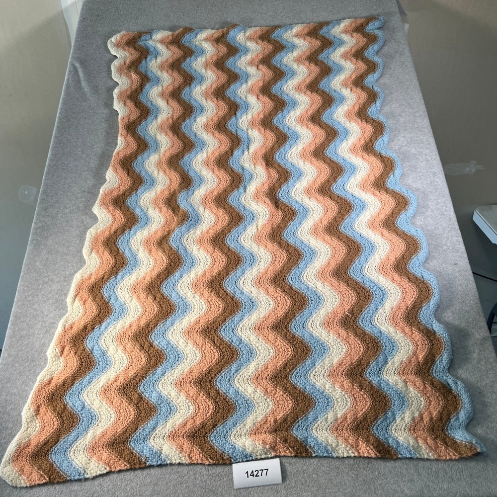Vintage Crochet Blanket Throw Unisex Multicolor Chevron Zig Zag Couch Afghan